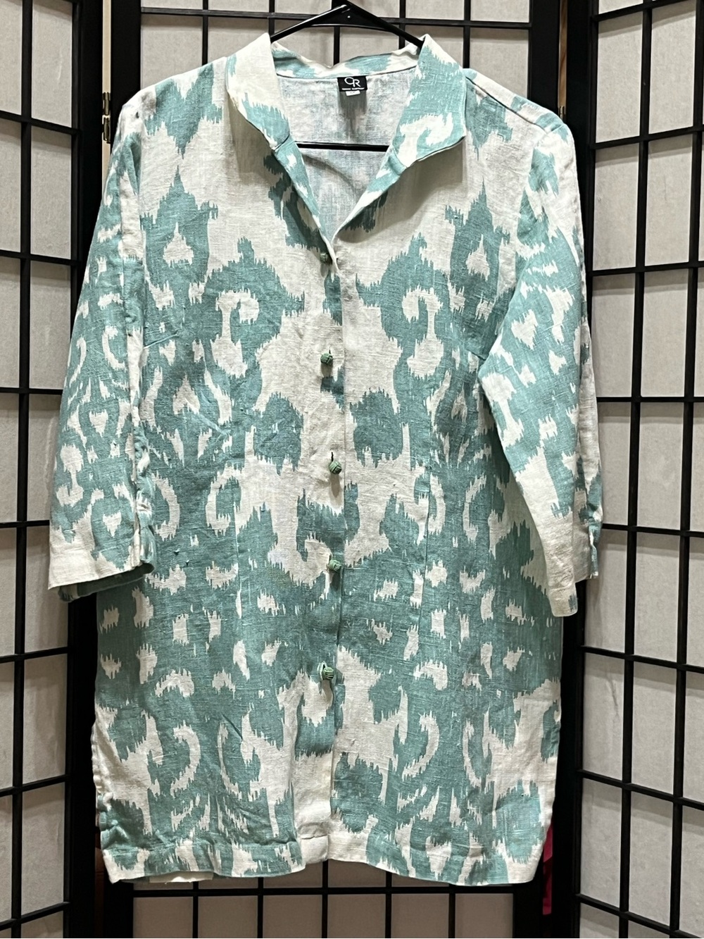 CONNIE ROBERSON TEAL & WHITE IKAT PRINT LINEN BUTTON DOWN SHIRT/TUNIC SIZE M - Picture 4 of 11